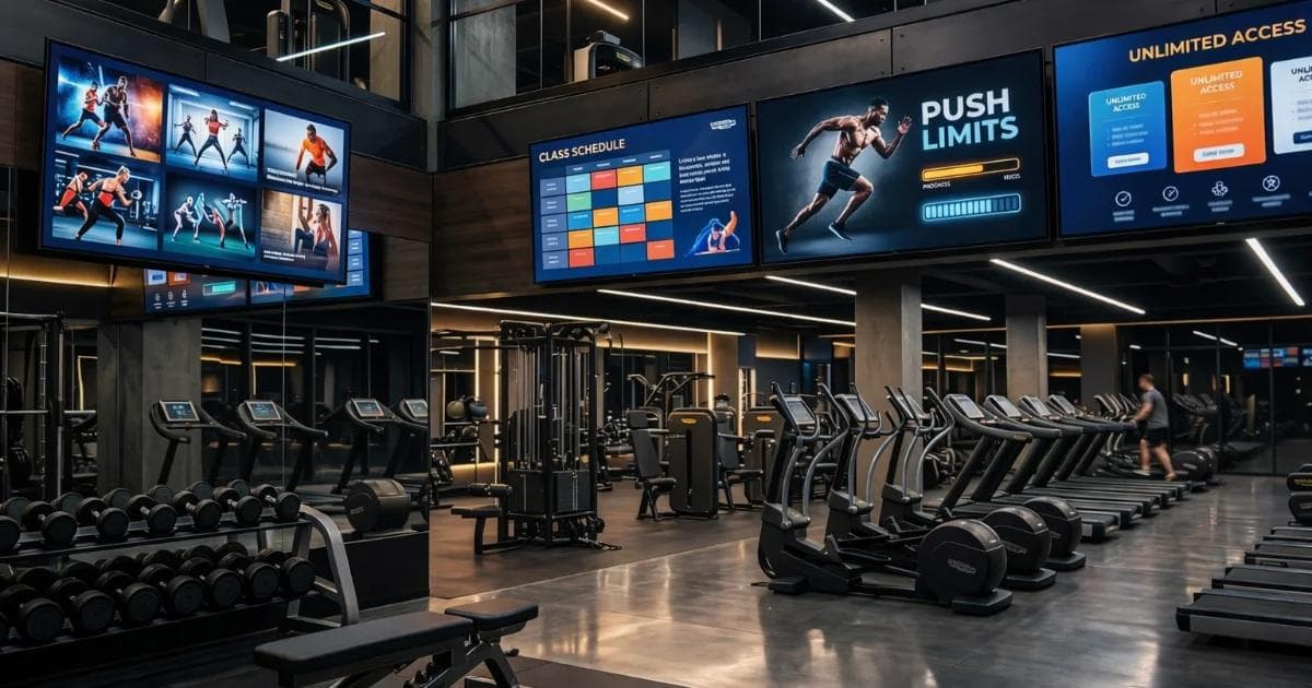 Mreža digitalnih zaslonov v sodobnem fitnes centru