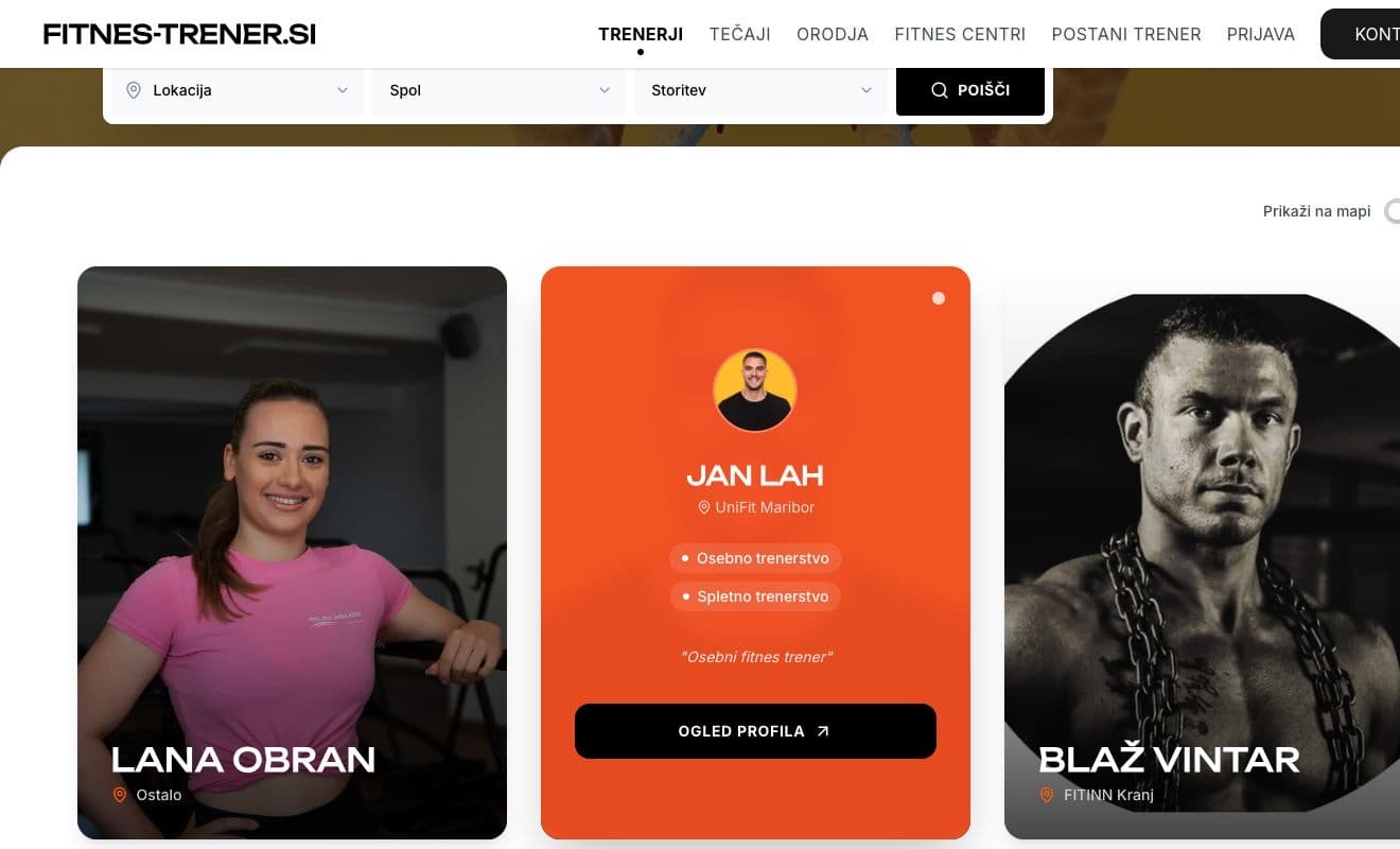 Platforma fitnes-trener.si s profili osebnih trenerjev